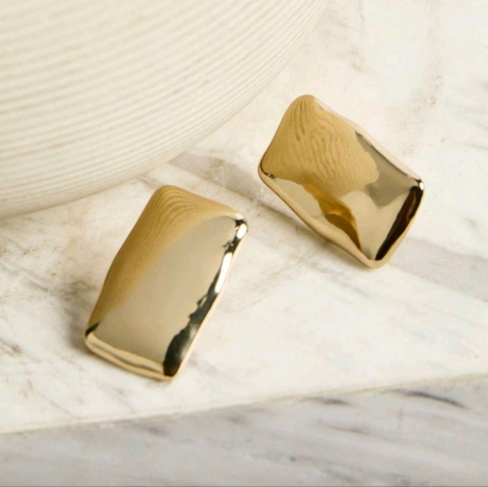 Assymetrical Shiny Gold Rectangular Stud Earrings; 1.18"x.79"; NWOT